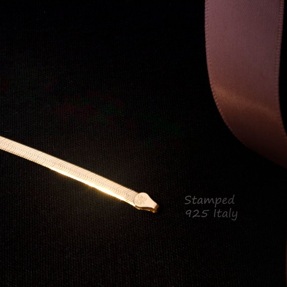 Herringbone Necklace, Italian Gold 18K Gold Plated Magic Flat Snake Choker Chain - Picture 6 of 6